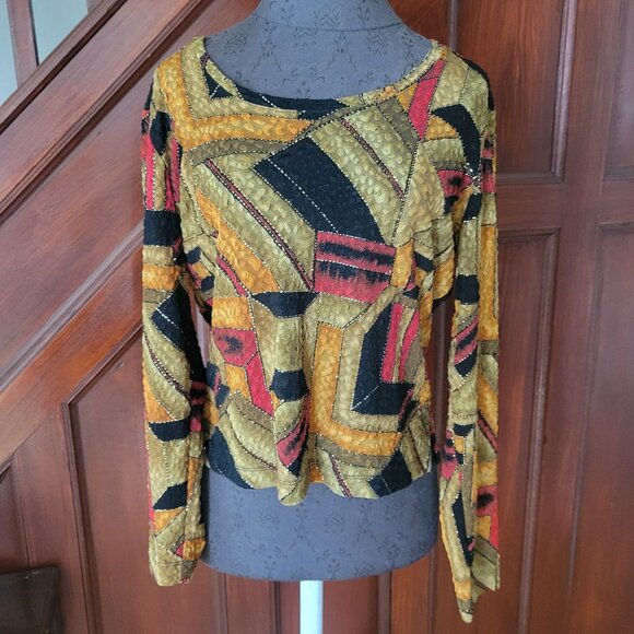 Chicos Design Womens Patchwork Long Sleeve Top Size 1 - Picture 1 of 5